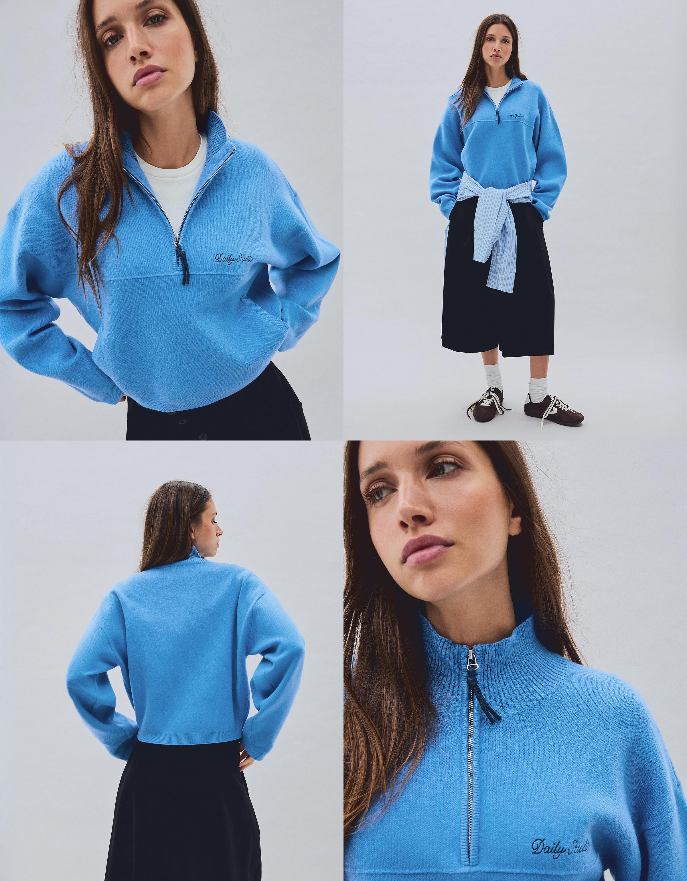 Embroidered zip-up jumper — Blue