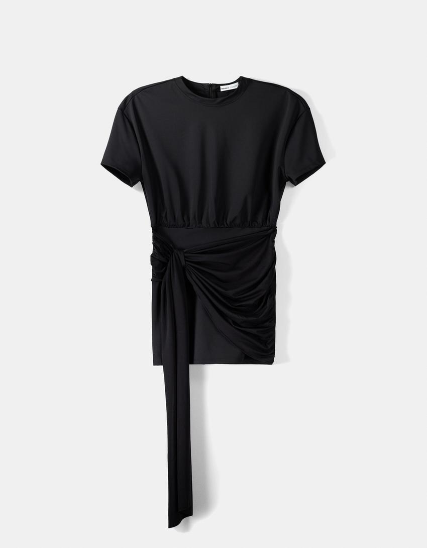 Vestido curto de manga curta com nó-Preto-5