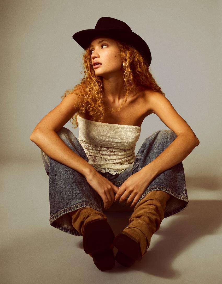 Suni deri detaylı kovboy şapka-Siyah-1