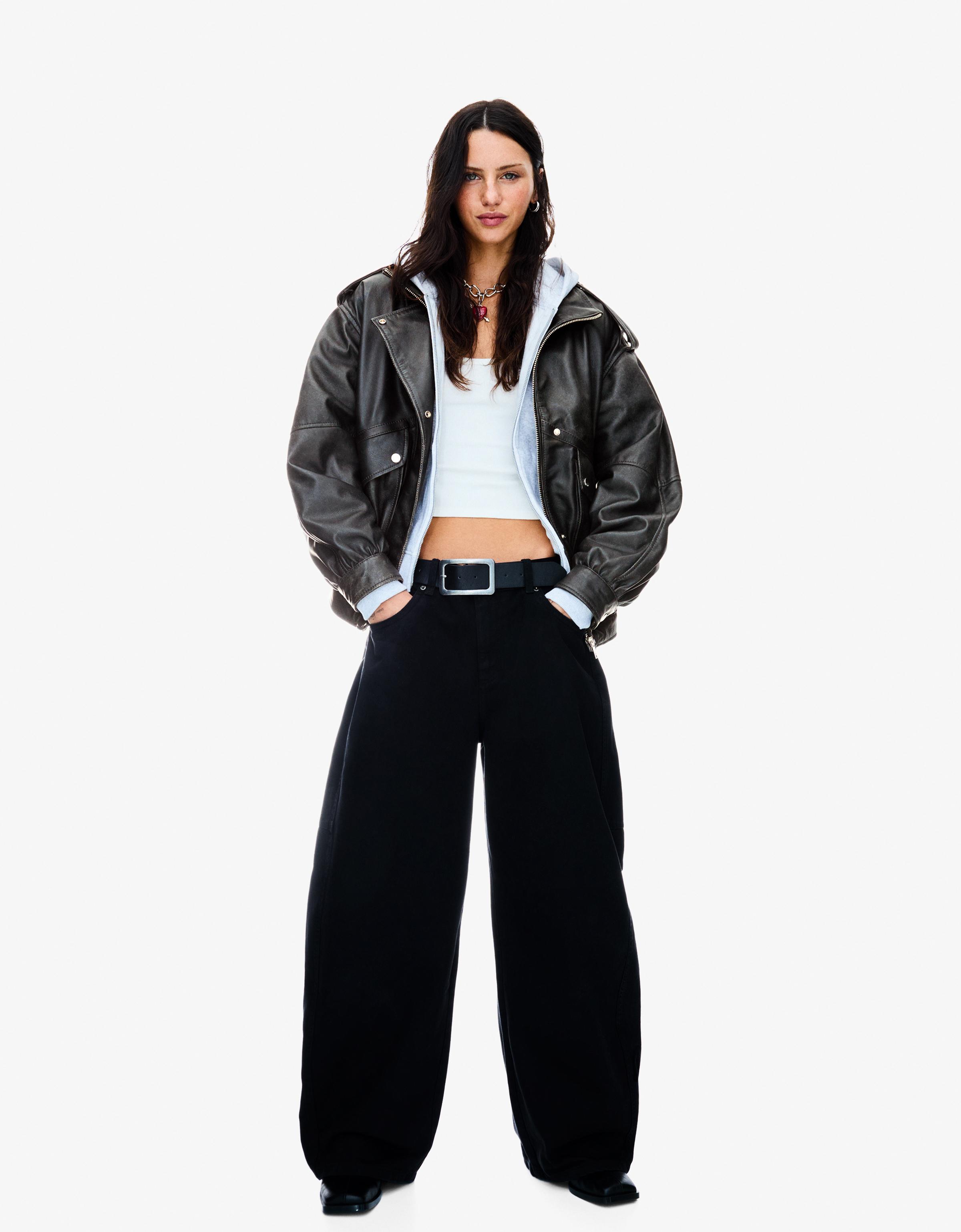 Bershka Lederjacke Im 80er-Stil Damen M-L Schwarz