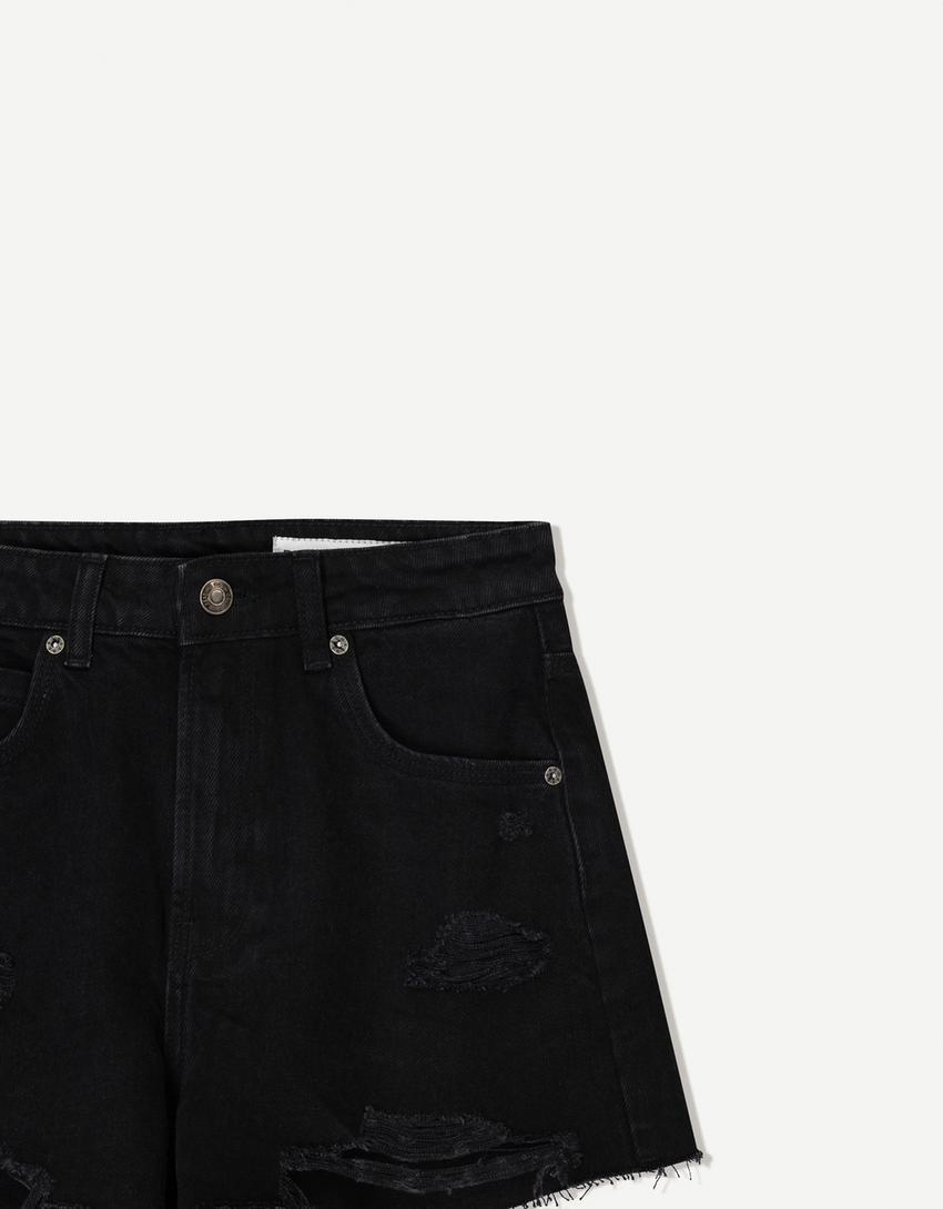 Ripped denim shorts-Black