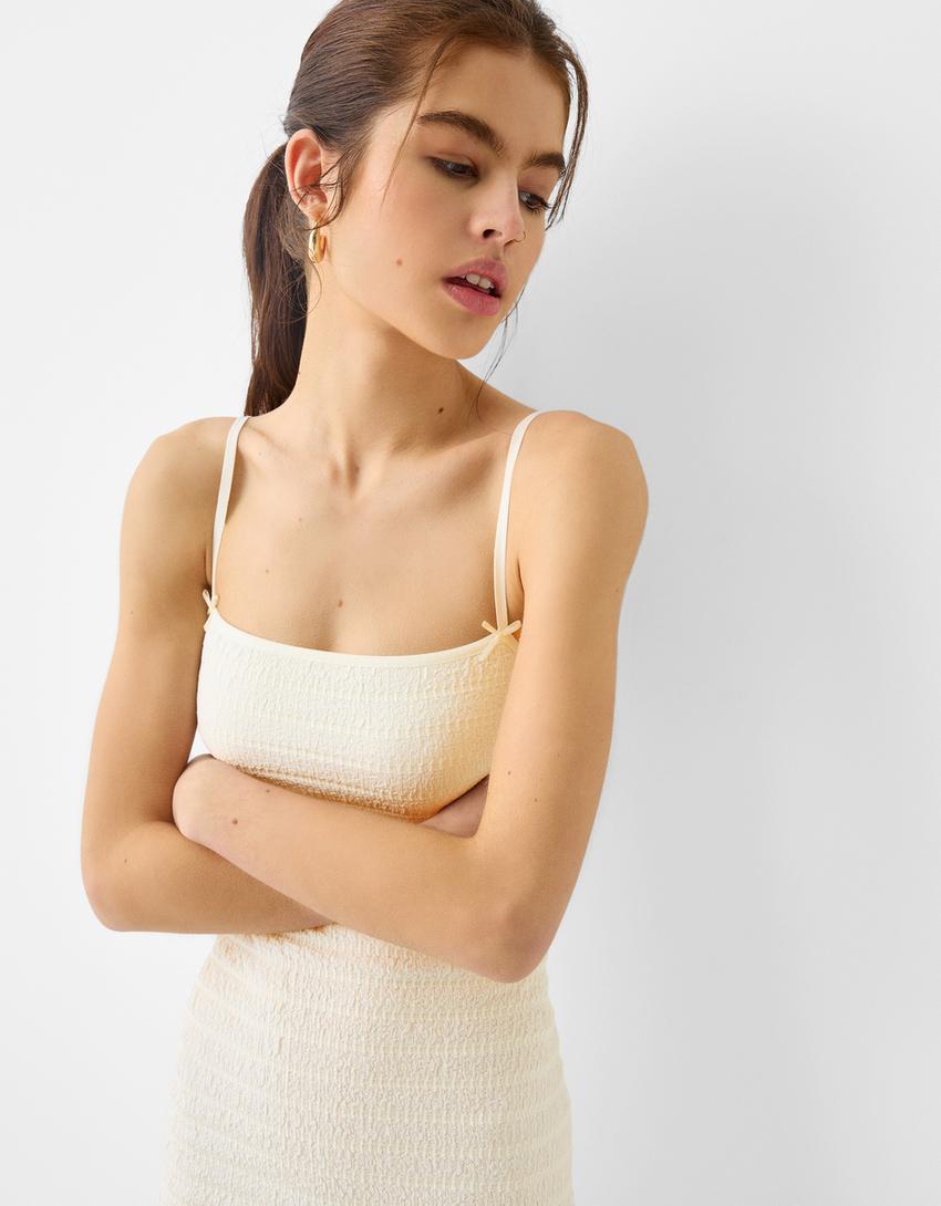 Vestido mini rústico alças pormenor laço-Cru-6