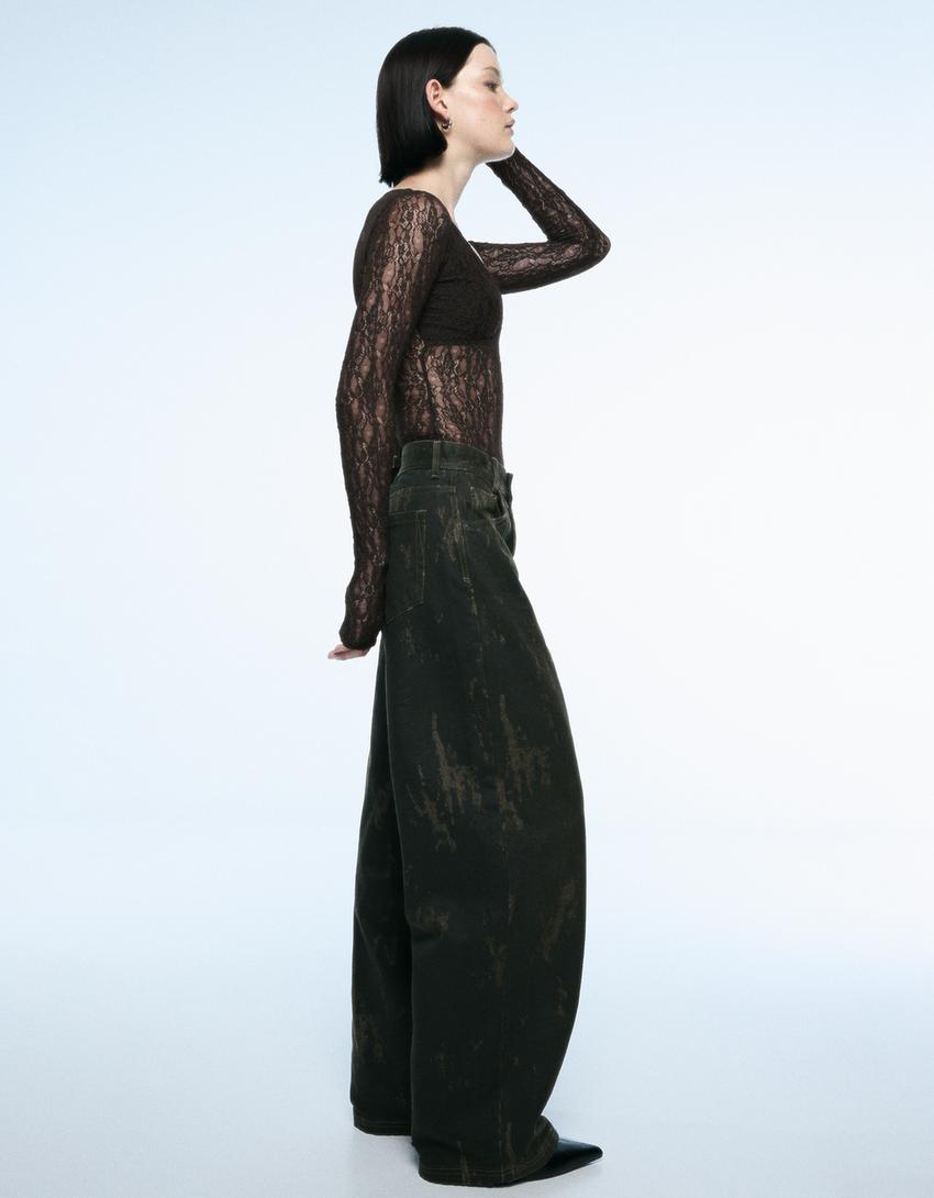 Uzun kollu dantel body-Kahverengi