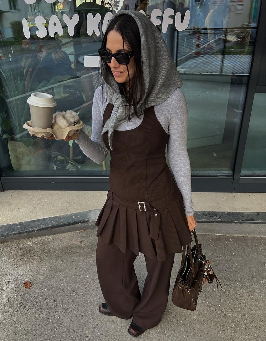 Halter mini kemerli elbise-Kahverengi