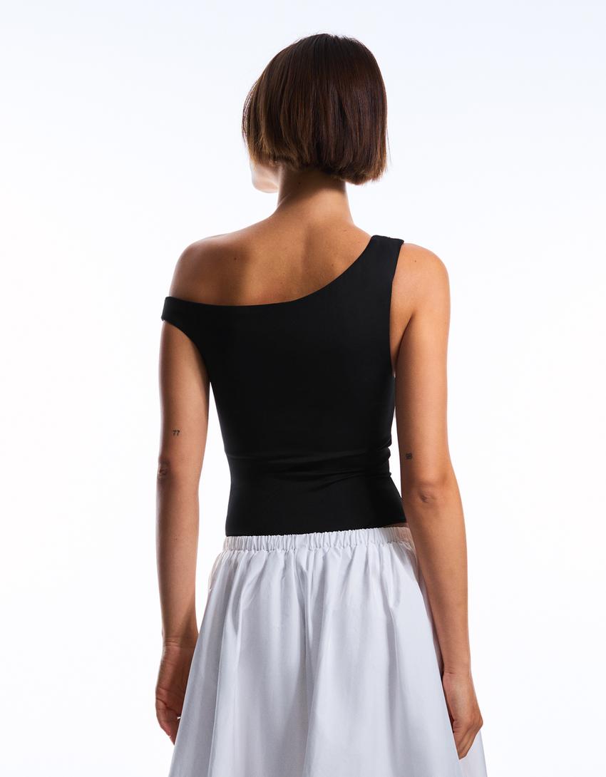 בגד גוף אסימטרי עם כתפייה מכווצת-שחור