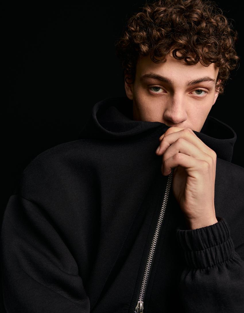 Neoprene effect zip-up hoodie-Black