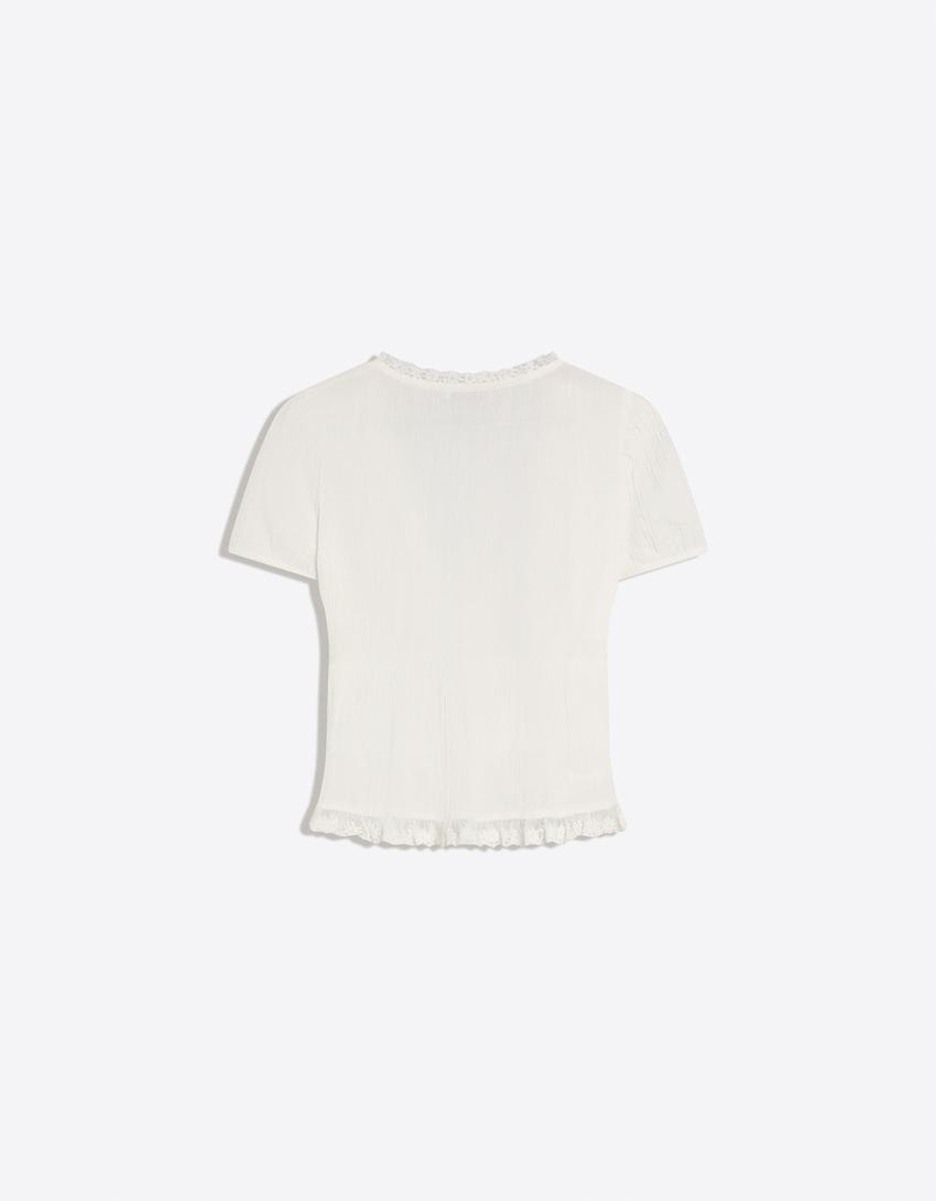 Short sleeve blouse with ties-White