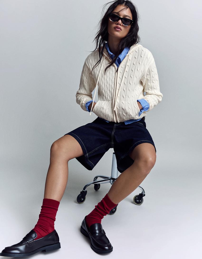 Cable knit zip-up cardigan-Cream