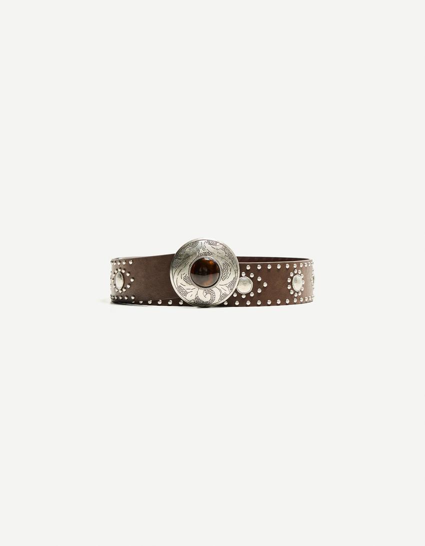 Wide leather effect buckled belt-Brown