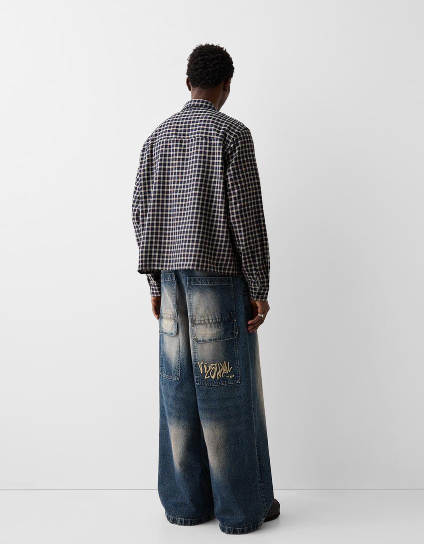 Boxy fit check long sleeve shirt-Navy