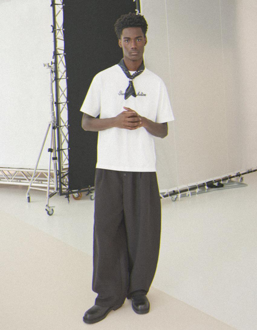 Kısa kollu baskılı relaxed fit tişört-Beyaz
