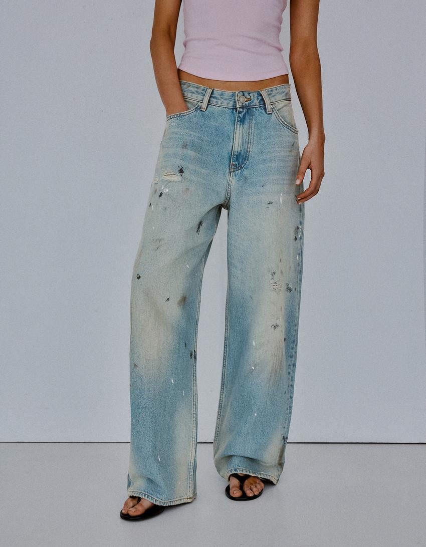 Loose fit paint-effect wash jeans-Light blue