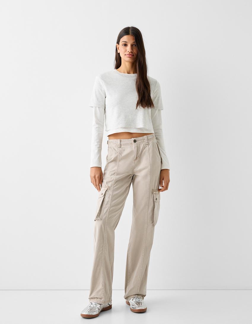 Adjustable straight-leg cotton cargo trousers - BSK Teen | Bershka