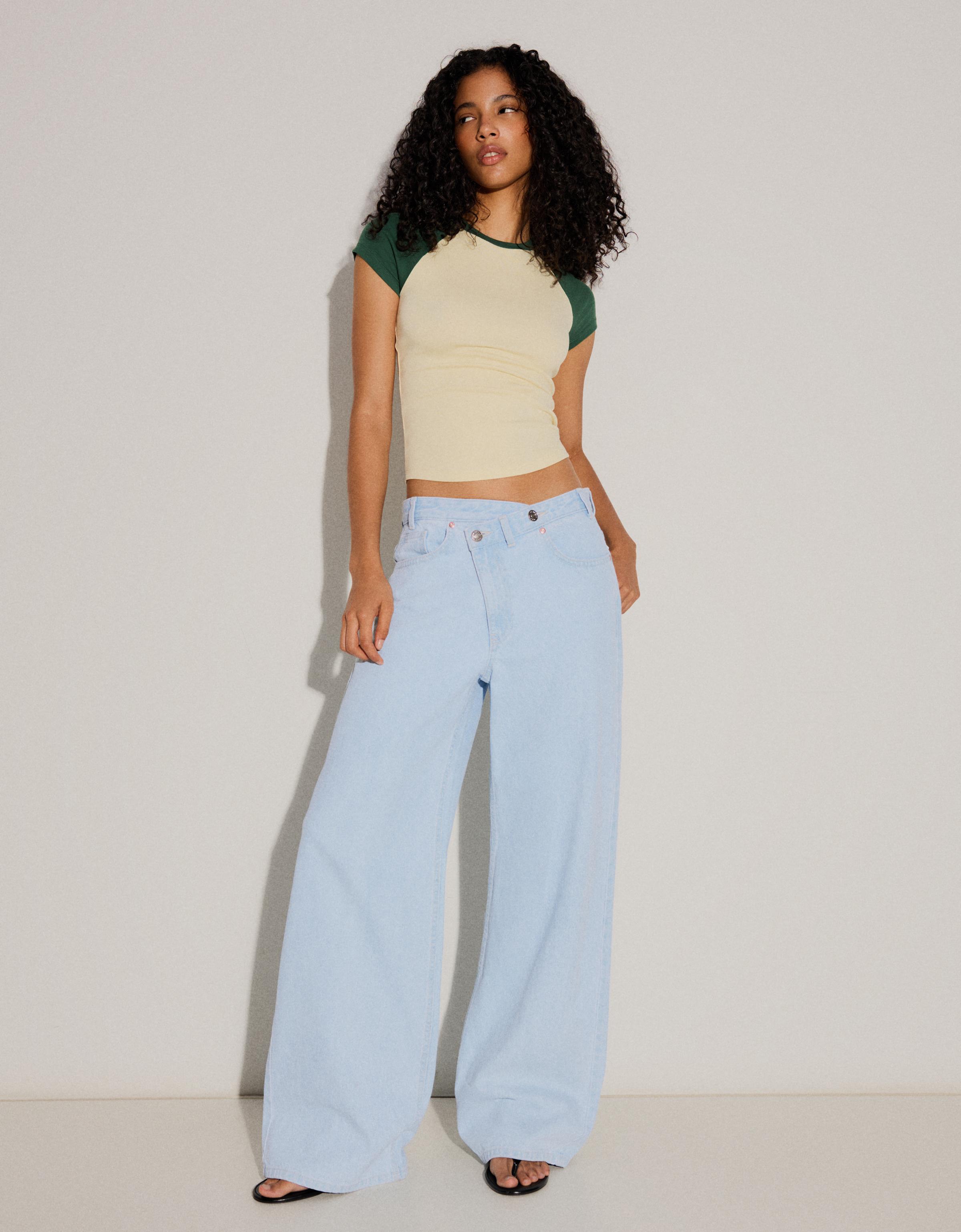 Bershka Jeans Wide Cintura Cruzada Mujer Azul Claro