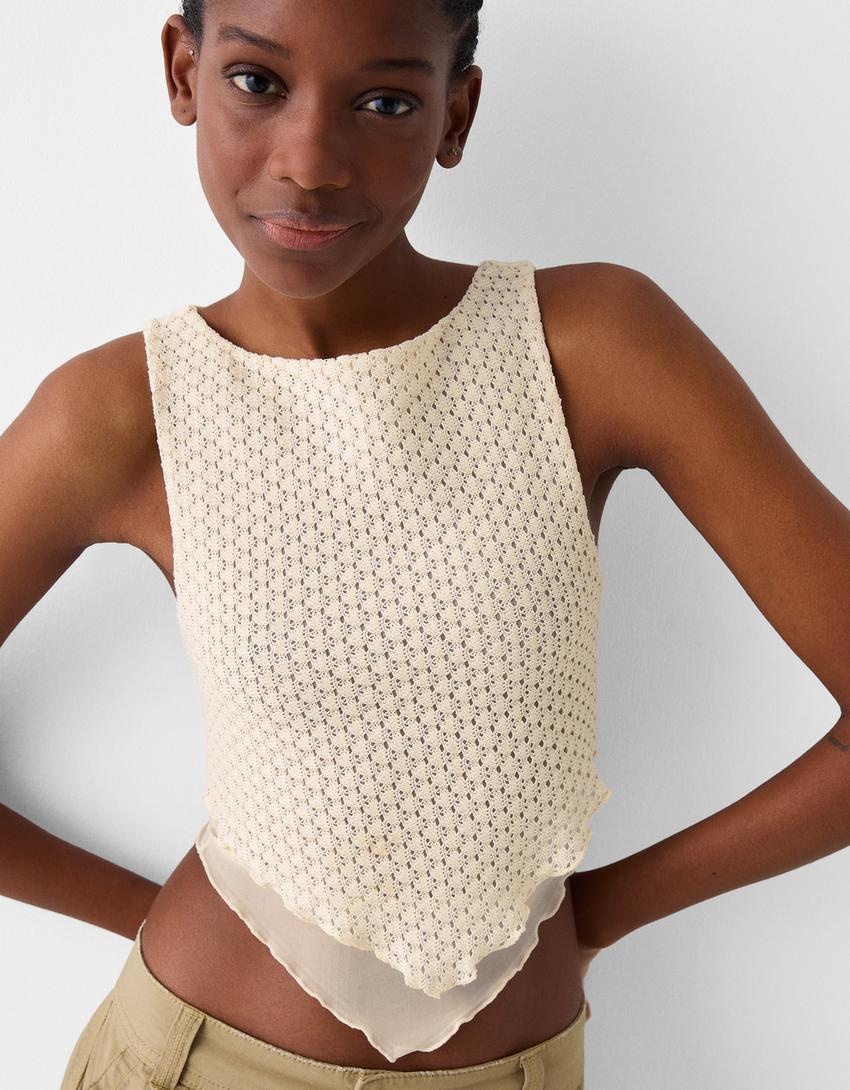 Sleeveless mesh rustic T-shirt-Cream-2