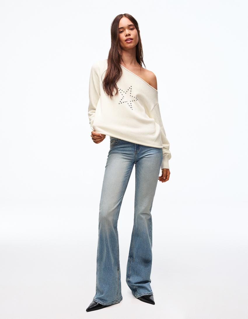 Pulover s lađa izrezom-Krem boja