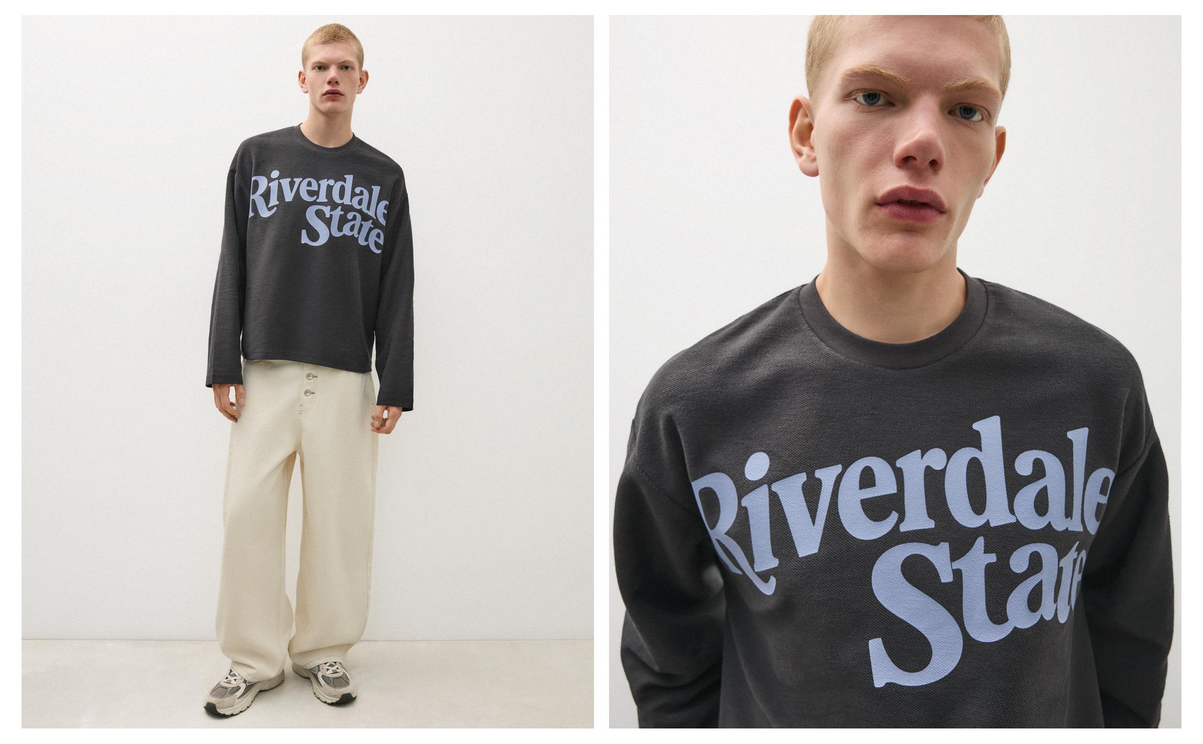 Printed plush round neck sweatshirt — Navy