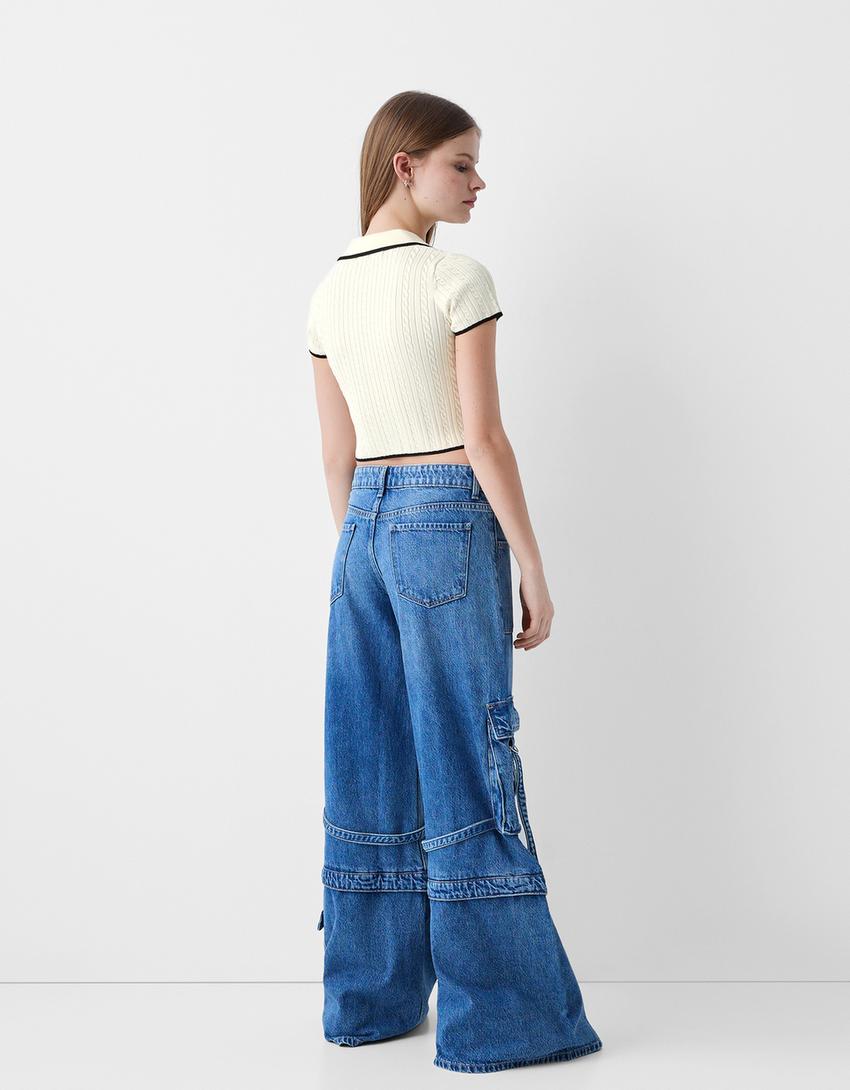 Camisola manga curta gola camisa polo tranças-Cru-1