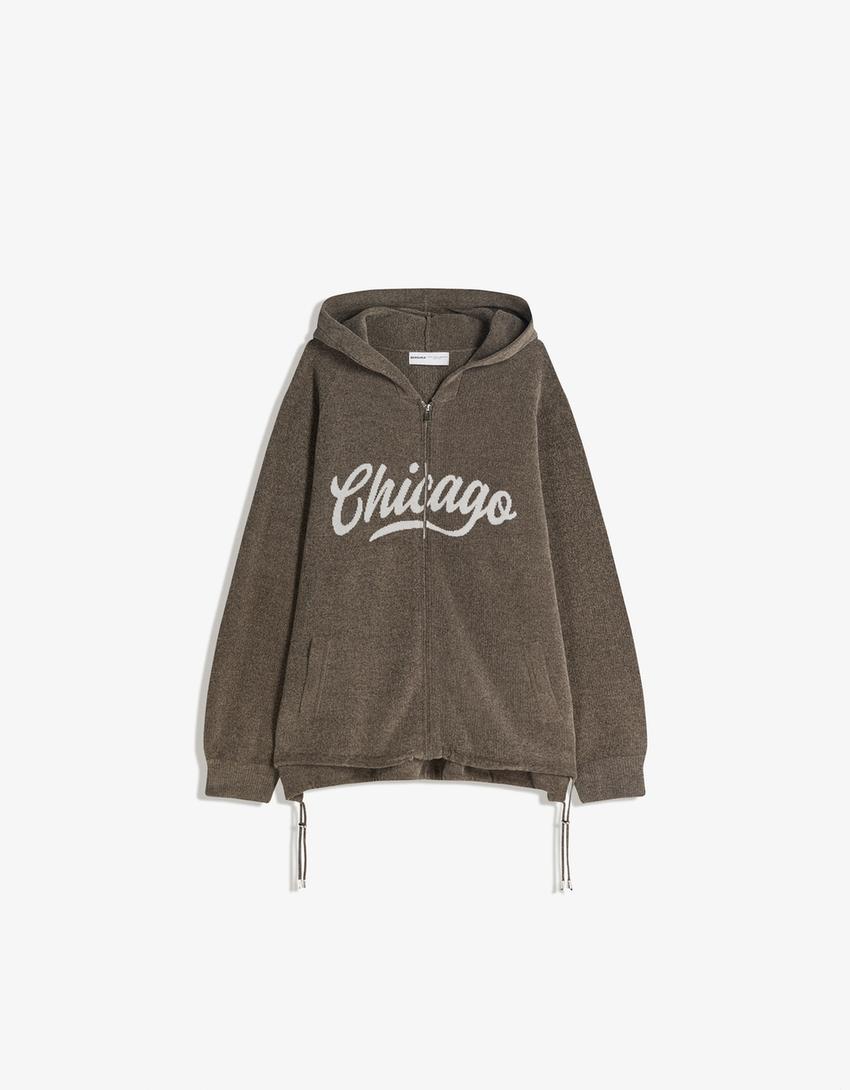 Pull zippé en chenille à capuche imprimé-Gris