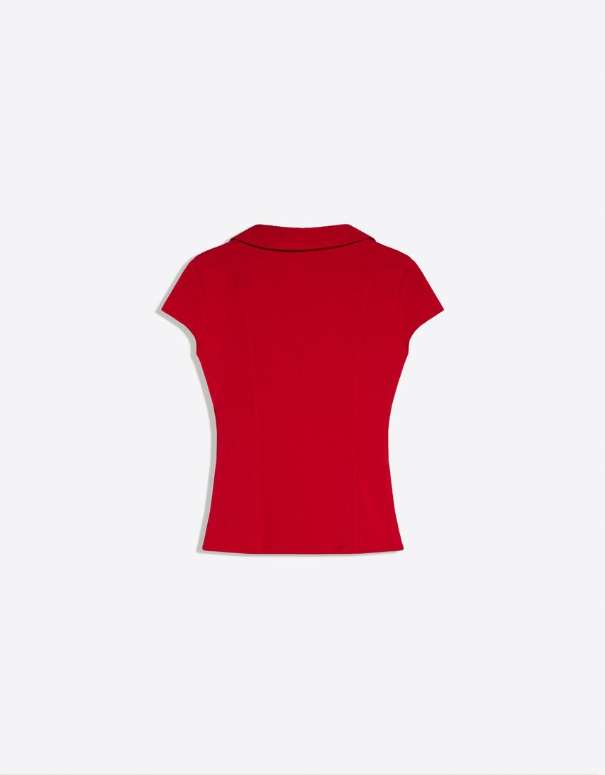 Kısa kollu fermuarlı gömlek-Kırmızı