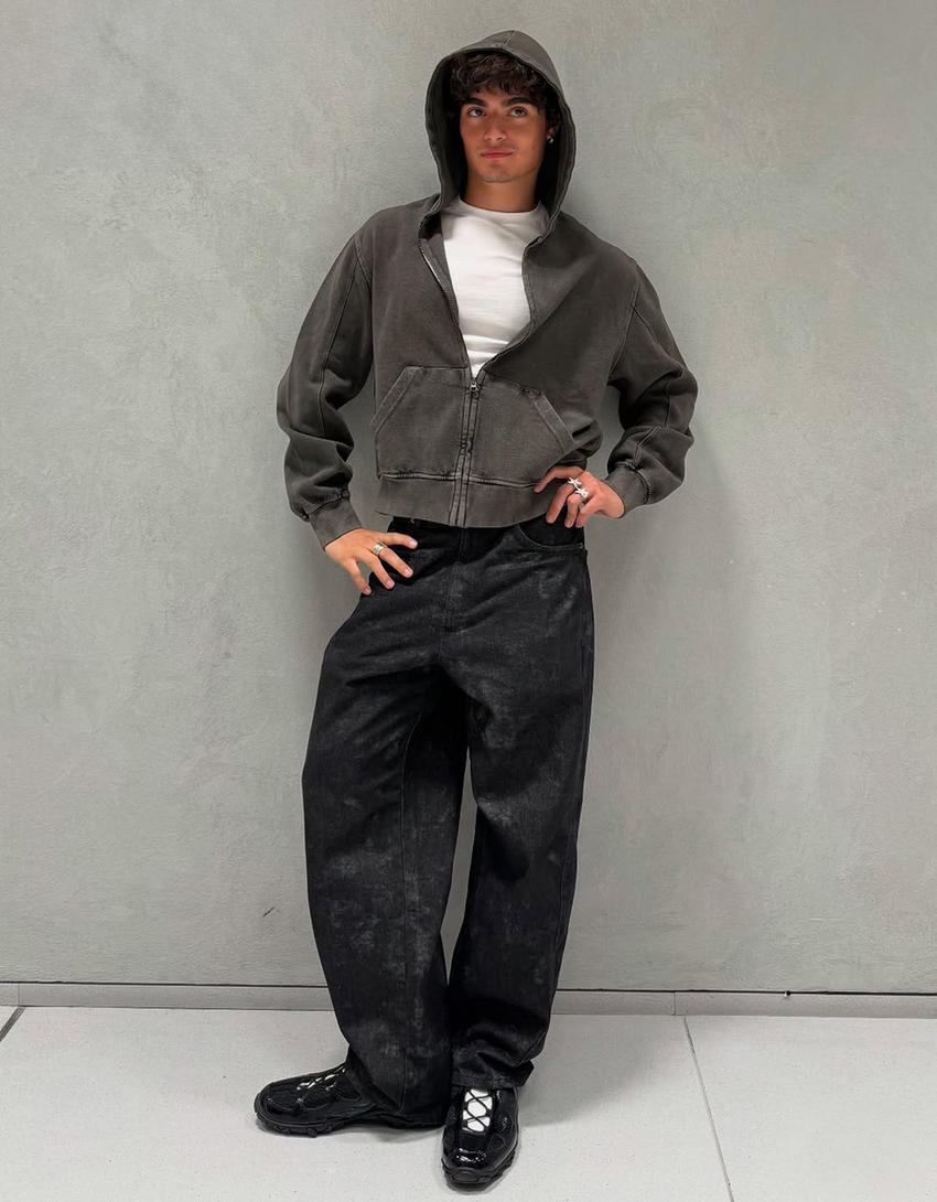 Baskılı super baggy pantolon-Siyah-0