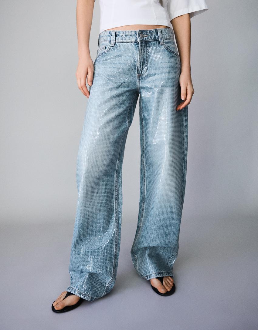 Sequinned baggy barrel jeans-Light blue