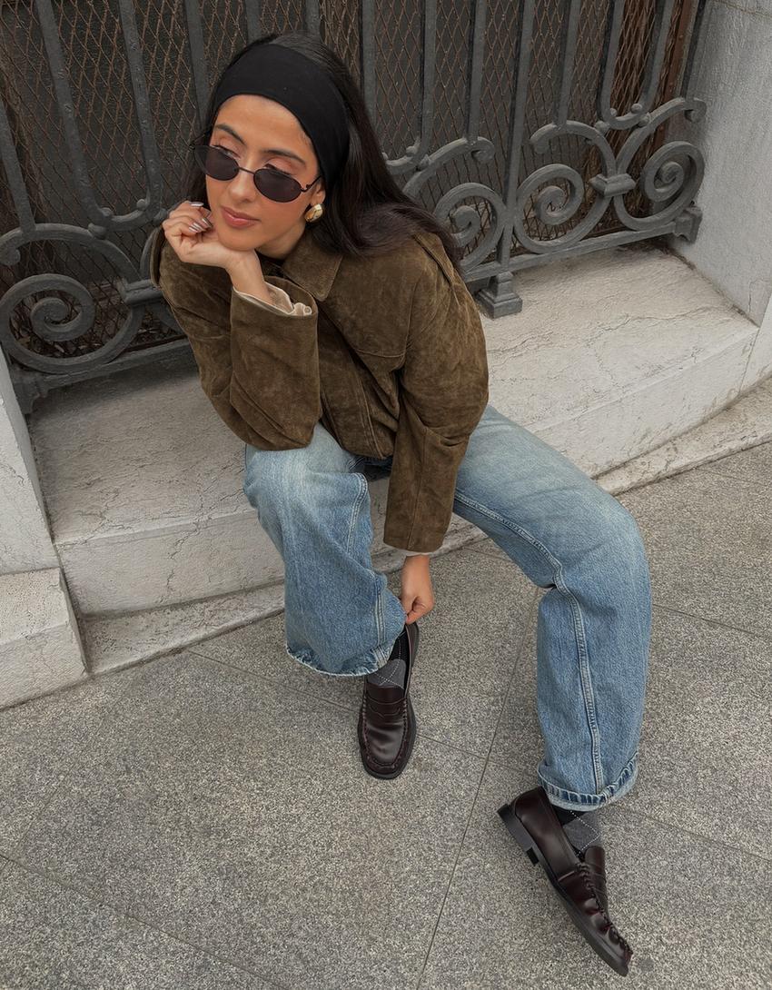 Blouson cuir daim-Kaki