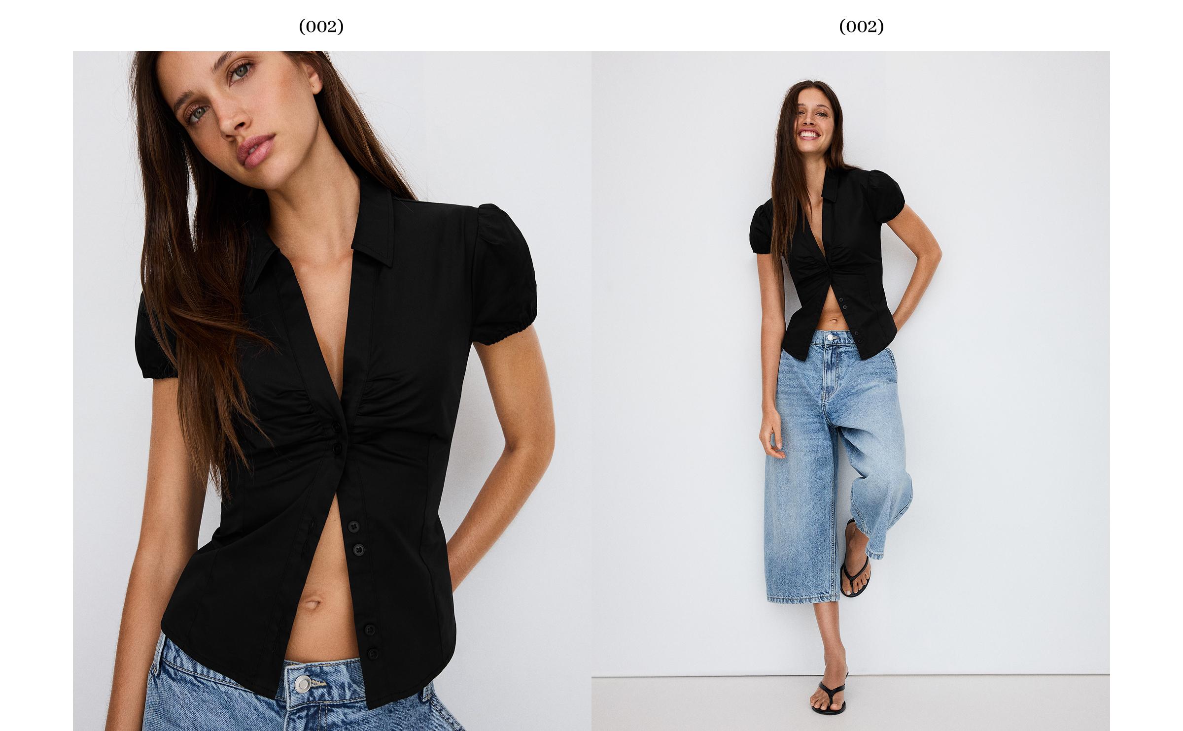 Short sleeve poplin tie-front shirt — Black