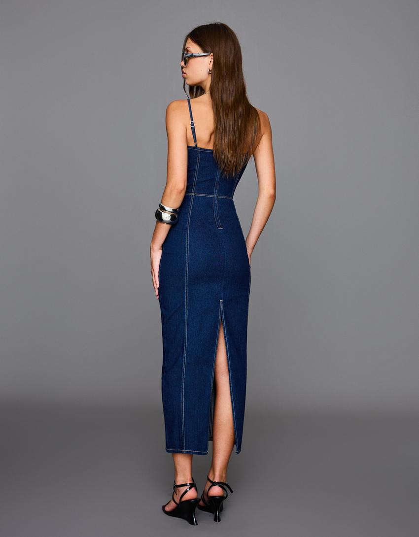 Vestido comprido de ganga-Marinho-1