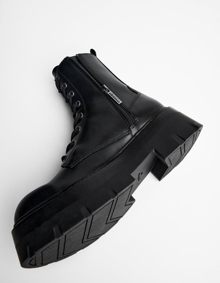 Lace-up track sole ankle boots-BLACK-2