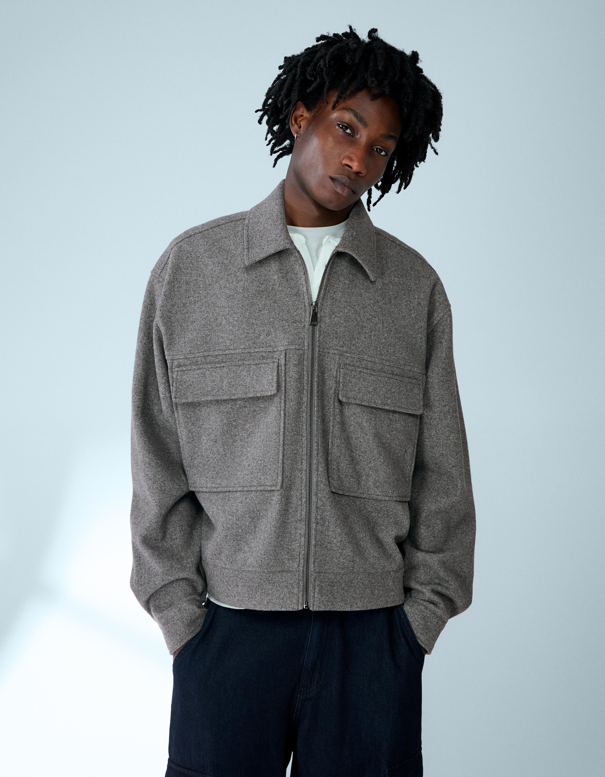 Bershka Boxy-Hemdjacke Aus Flanell Mit Reißverschluss Herren L Dunkelgrau