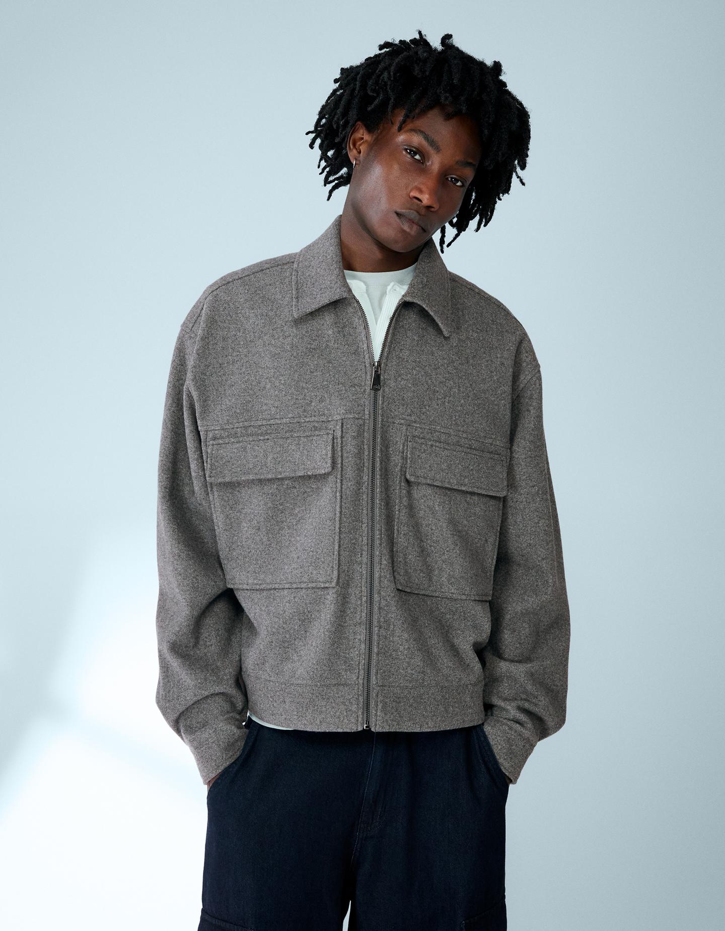 Bershka Giacca Camicia Flanella Con Cerniera Boxy Fit Uomo M Grigio Scuro