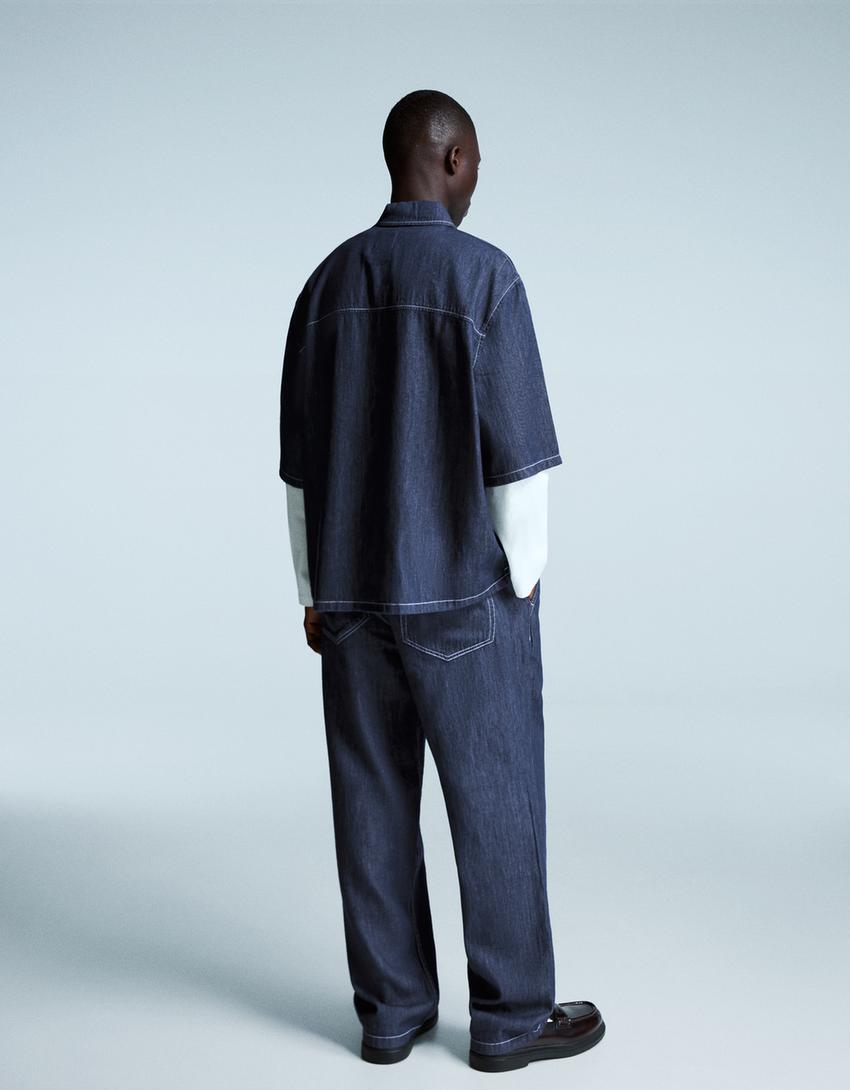 Camisa denim manga corta-Marino