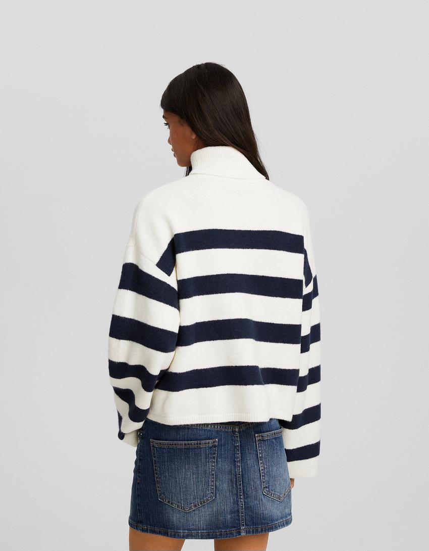 Striped high neck sweater-Blue-1