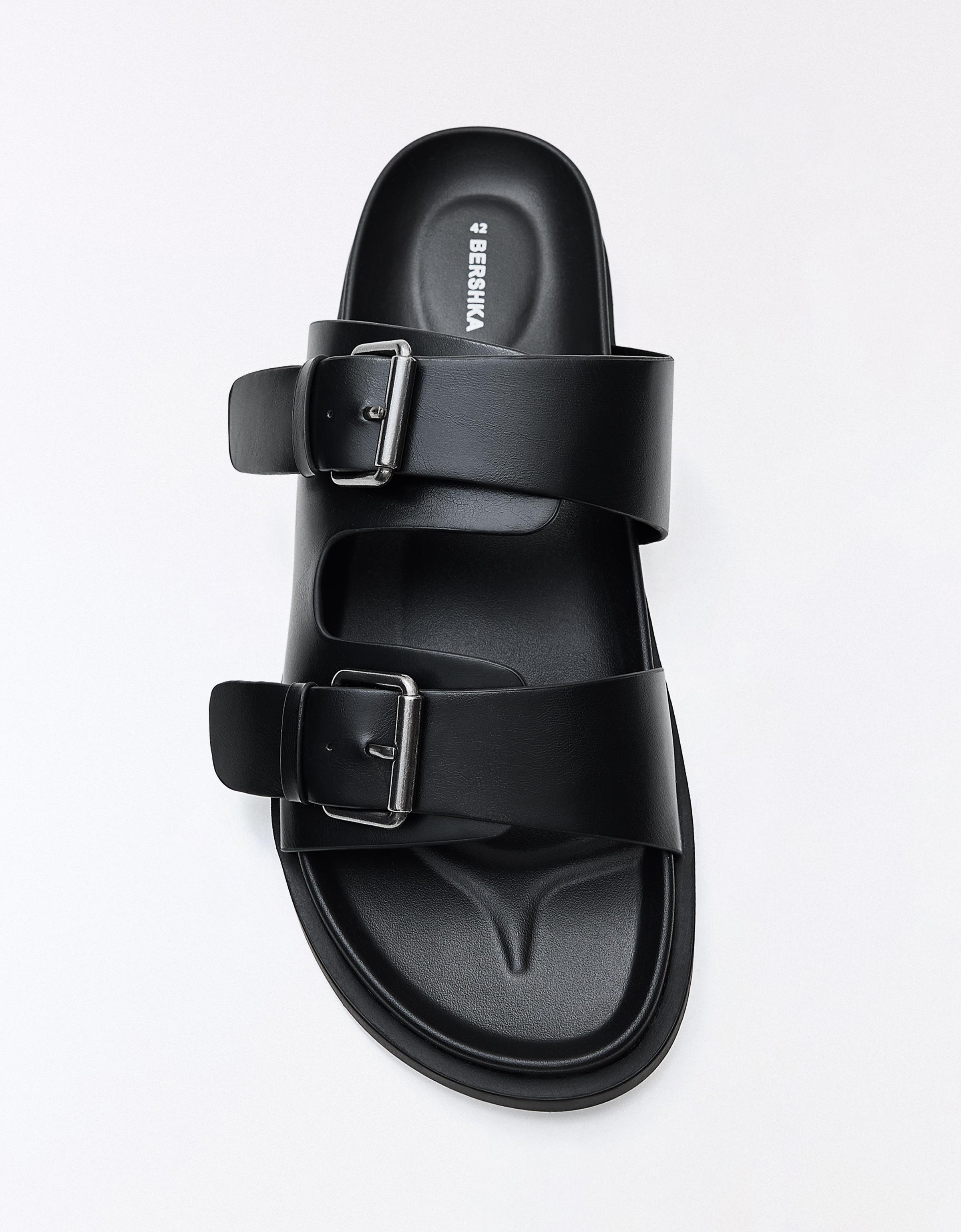 Buckled flat slider sandals — BLACK