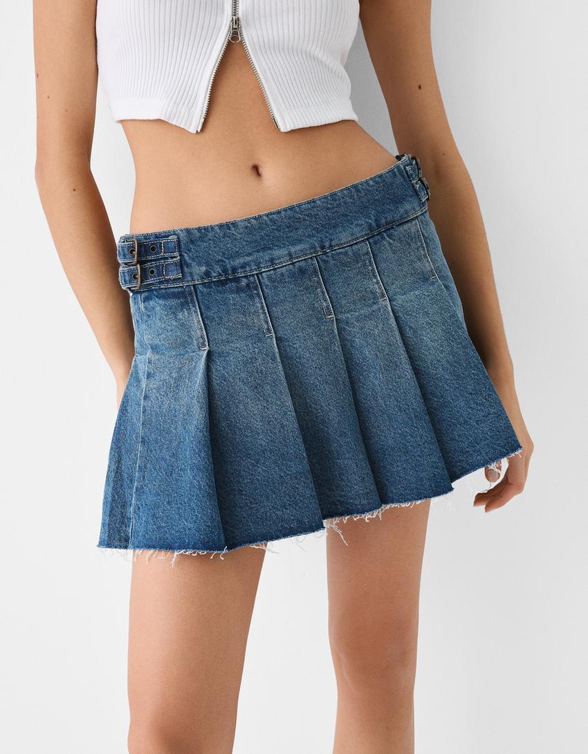 Box pleat denim mini skort-Washed out blue