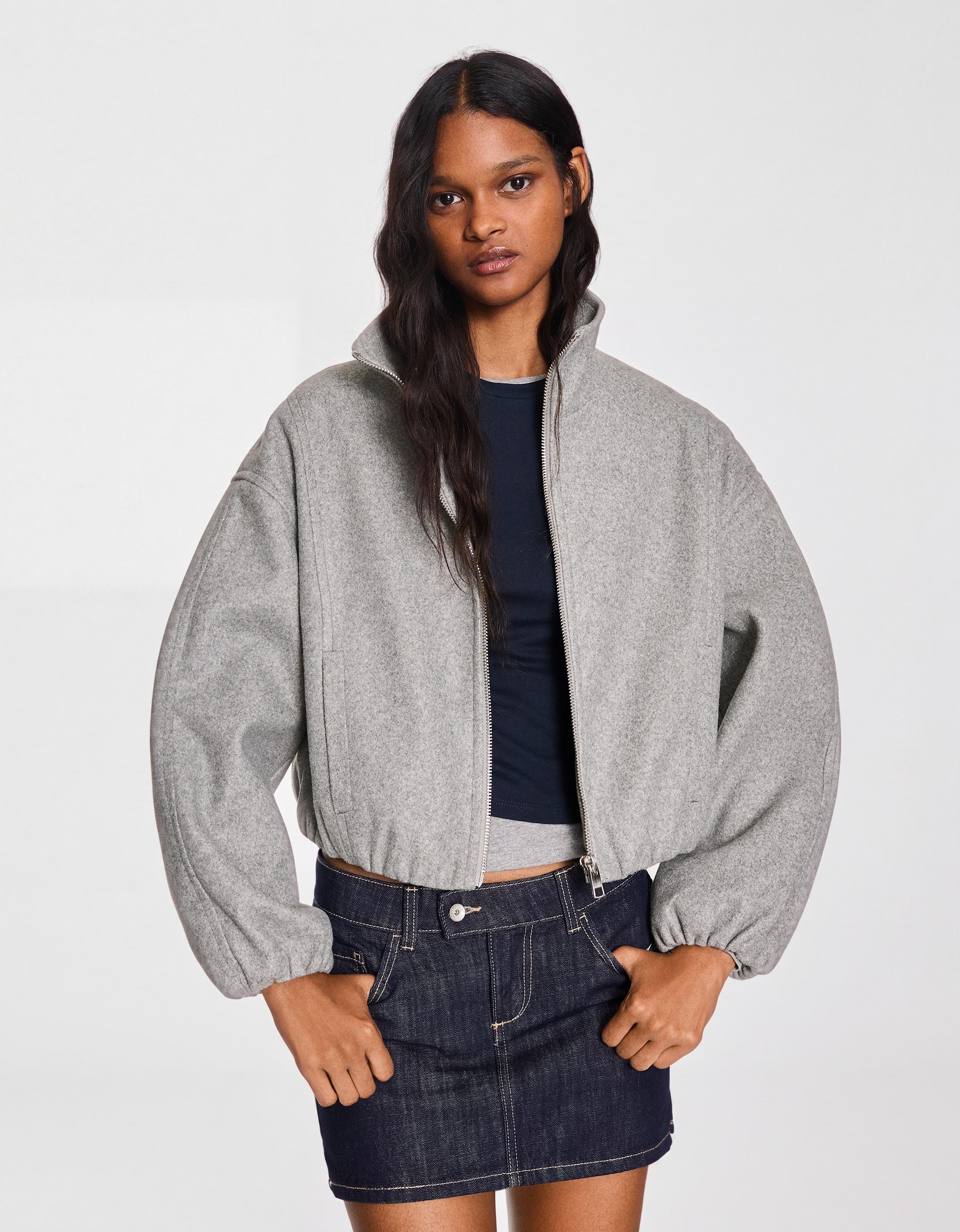 Felt-effect jacket with gathered hem — Grey