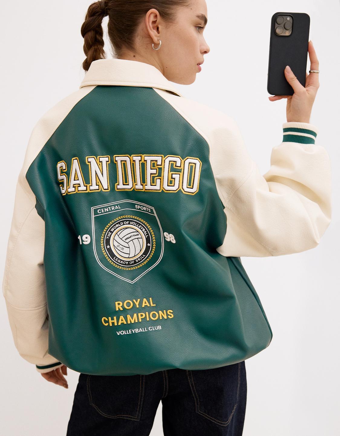 Varsity faux leather jacket