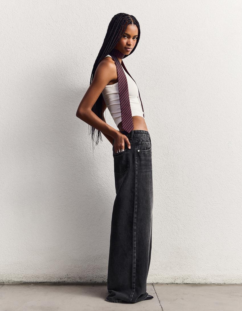 Jeans wide leg low waist-Preto