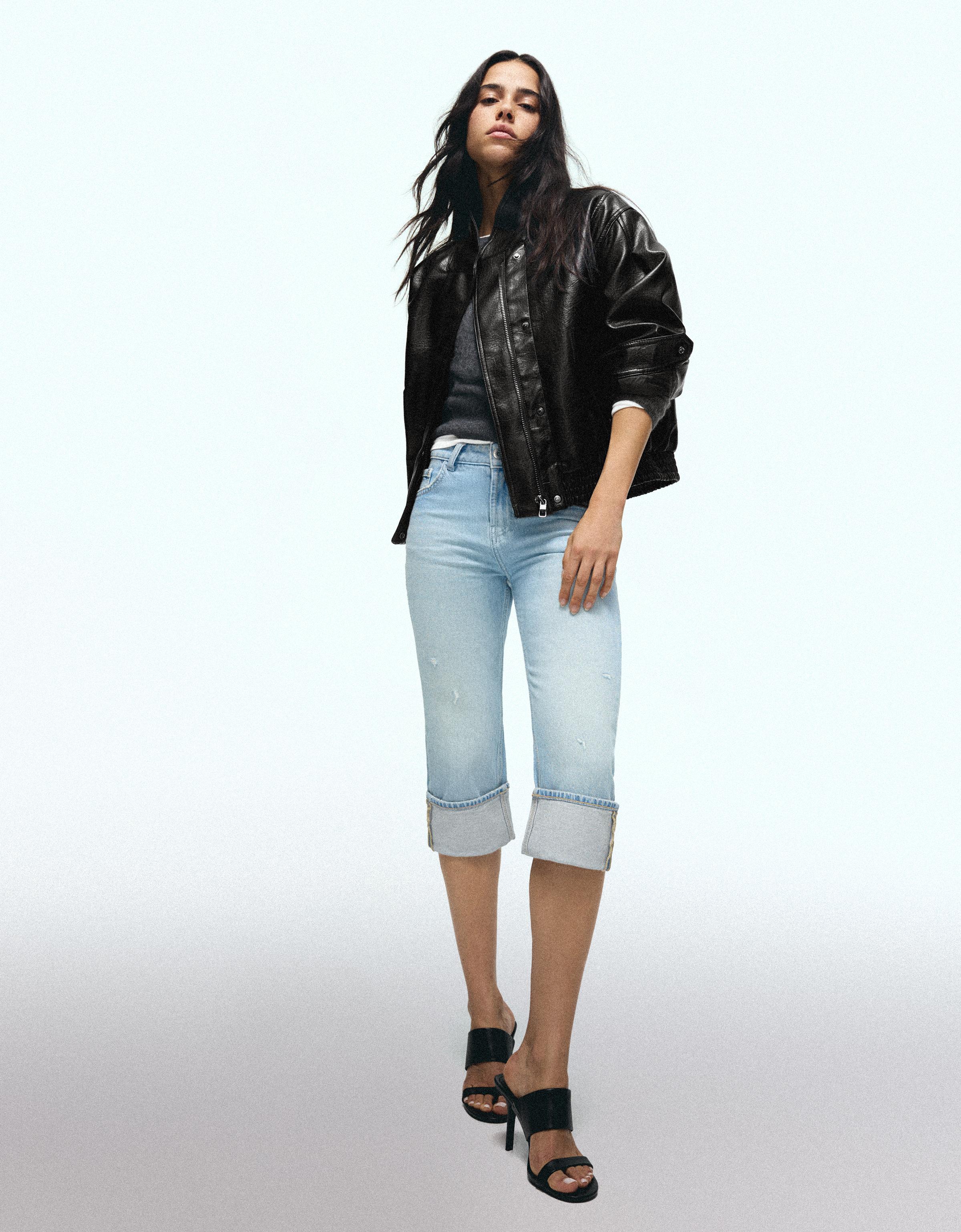 Bershka Jeans Capri Roll Up Mujer 32 Azul Claro