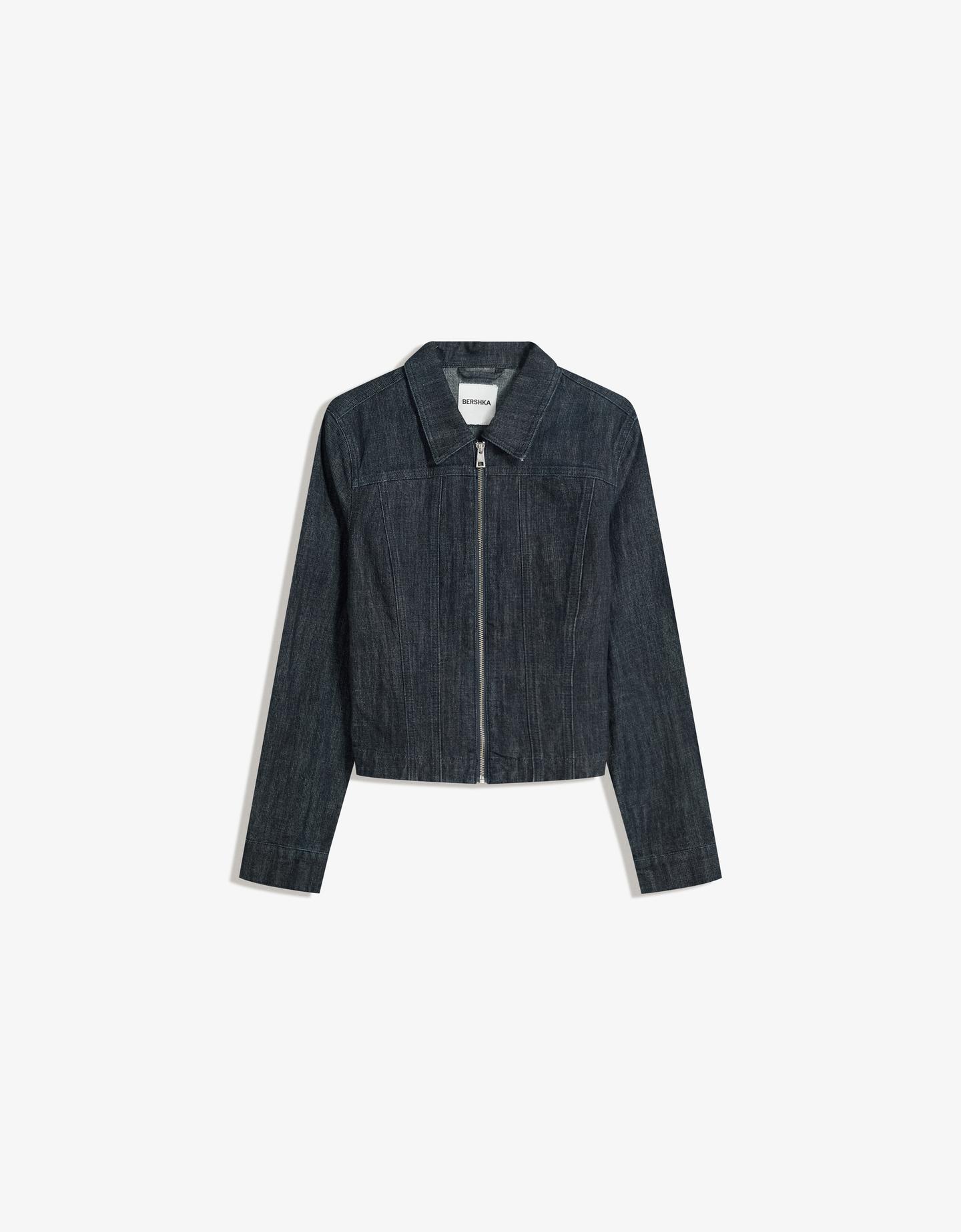 Bershka kurtka jeansowa z zamkiem granatowy