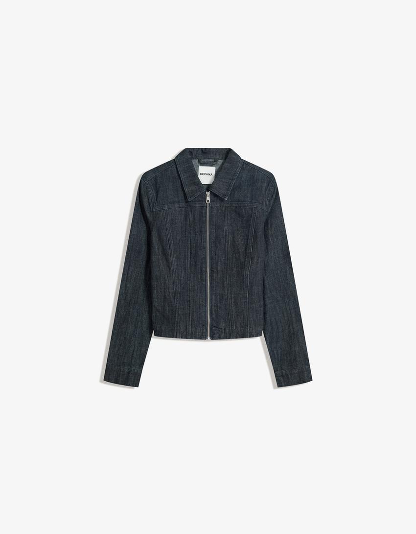 Jakke i denim med lynlås-Marineblå-2
