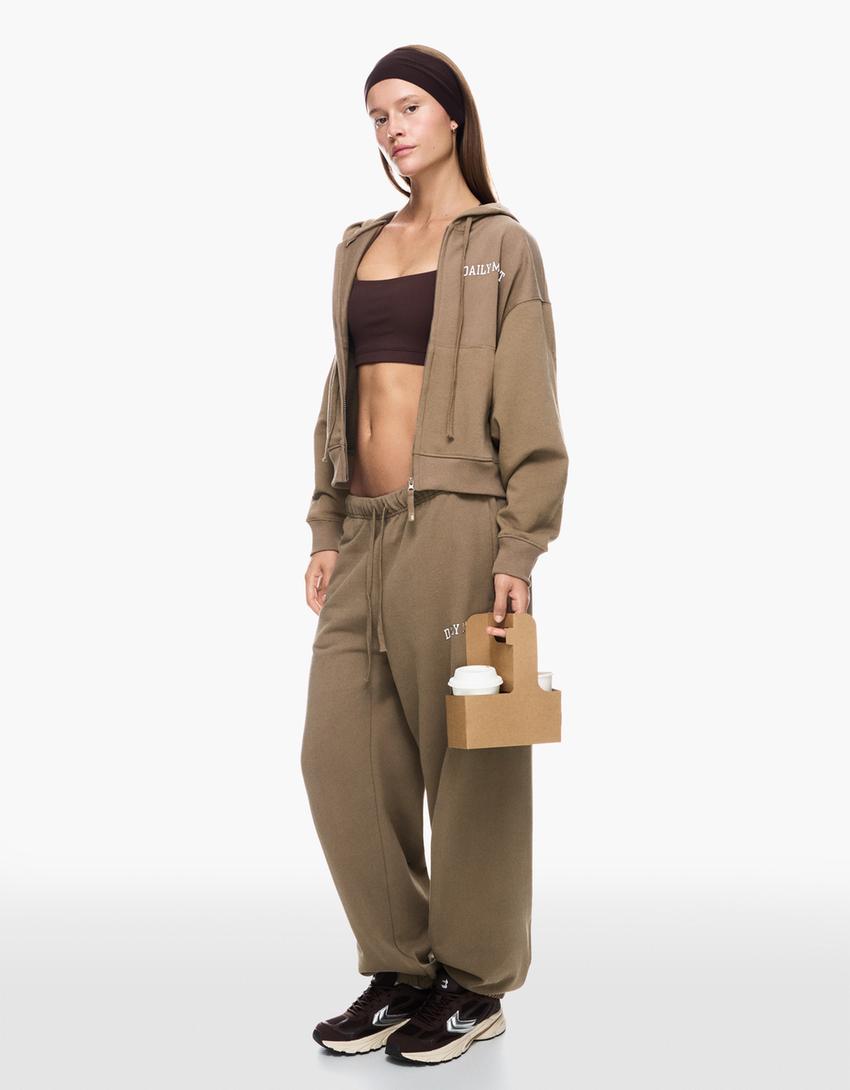Embroidered zip-up hoodie-Camel