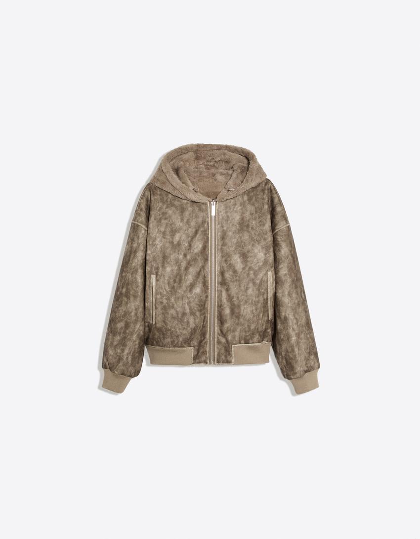 Reversible faux fur hooded jacket-Brown