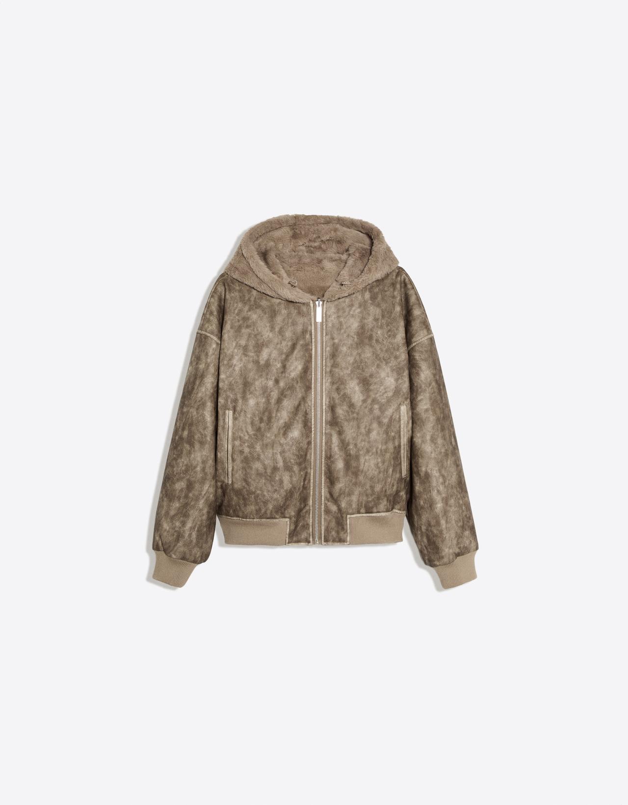 Reversible hood faux fur jacket — Brown