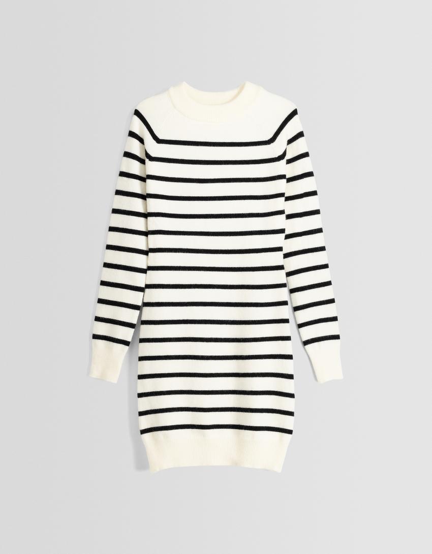 فستان قصير محاك ومقلّم بأكمام طويلة-كريمي-4