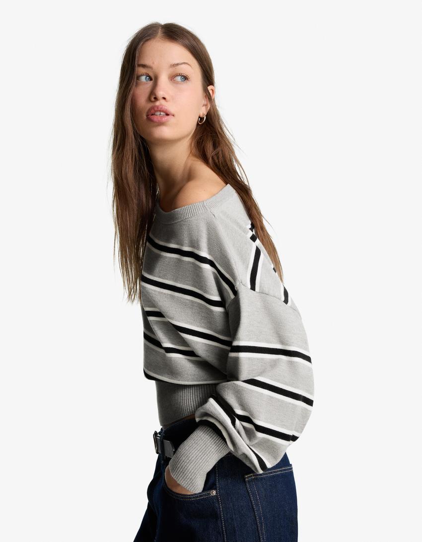 Pull asymétrique à ourlet côtelé-Gris