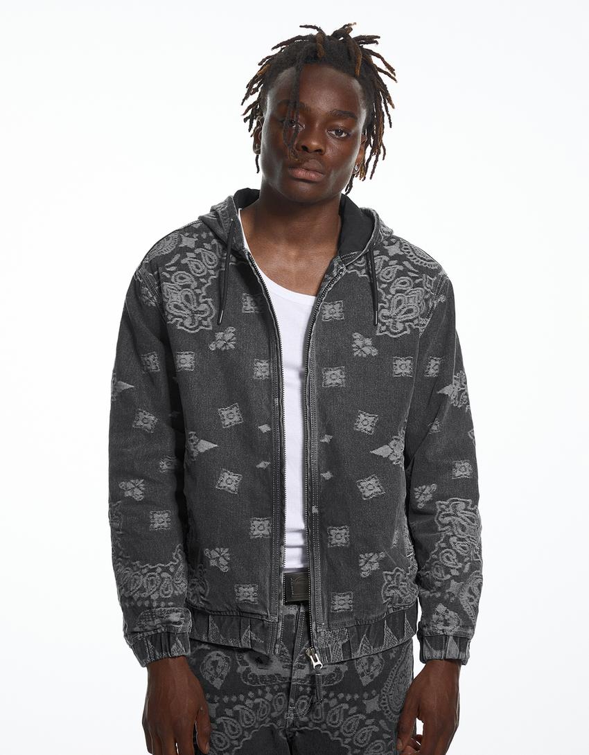 ARIES X Bershka baskılı, kapüşon detaylı ceket-Siyah