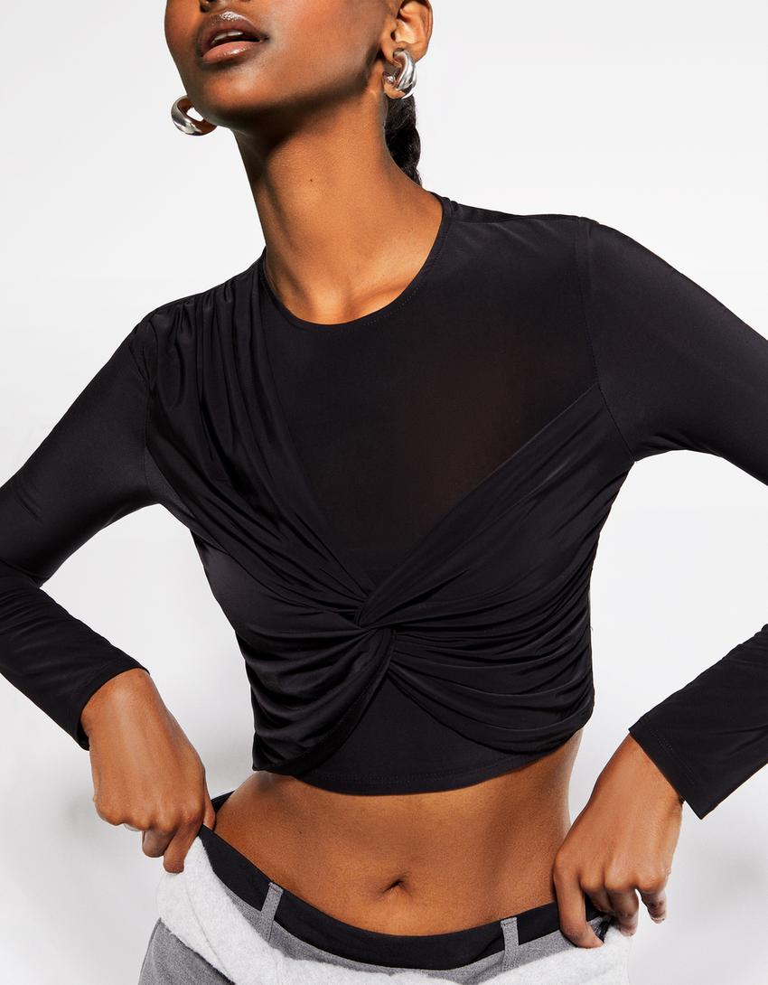 T-shirt manches longues nœud devant-Noir-2