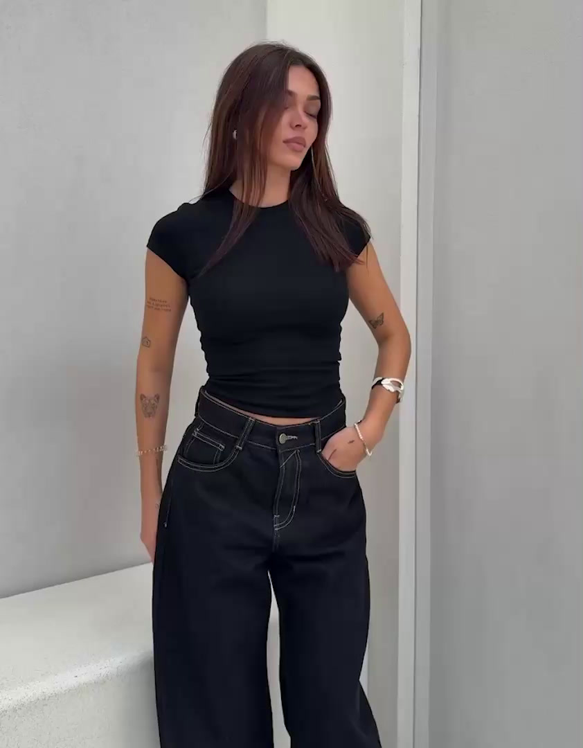 Yüksek bel geniş paça barrel fit jean - Görsel 9